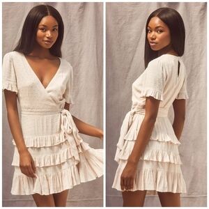 NWT Lulu's Call Me Cute Cream Swiss Dot Tiered Faux Wrap Mini Dress